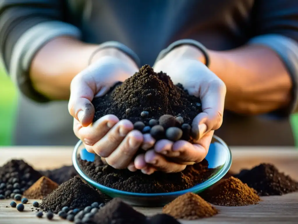 Manos mezclando cuidadosamente la composición ideal suelo plantas interior en un tazón de vidrio, resaltando la belleza natural