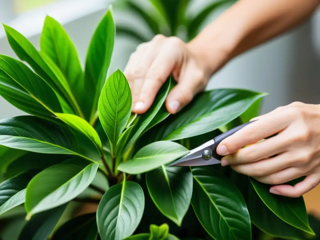 Manos podando con cuidado las exuberantes hojas de una planta tropical de interior, iluminadas por luz natural