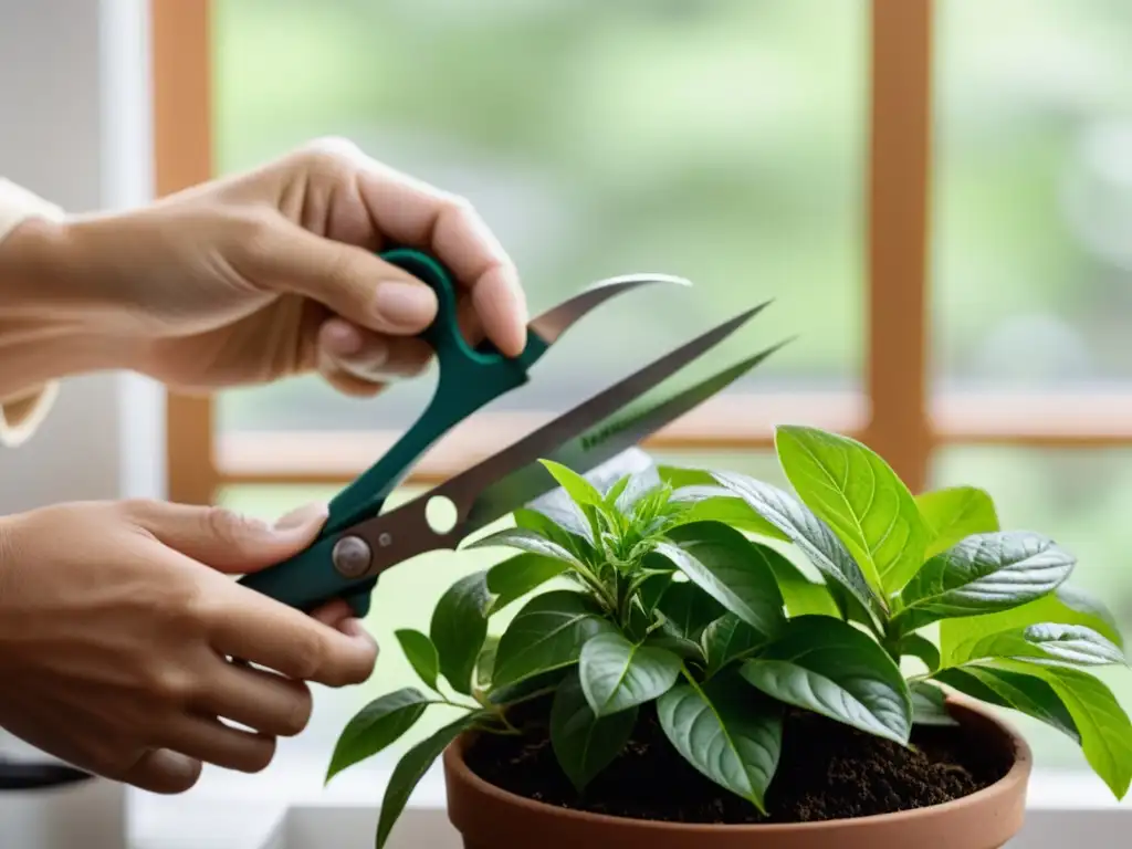 Manos podando con cuidado las hojas de una planta en interior, para rejuvenecerla