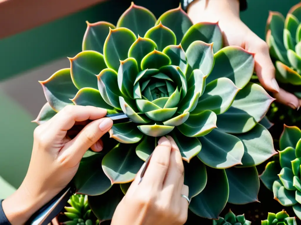 Manos podando con cuidado las hojas de una suculenta planta verde en interior, con precisión y delicadeza bajo suave luz natural