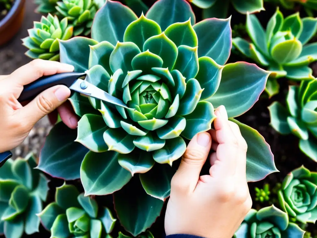 Manos podando con cuidado las hojas de suculenta Echeveria, mostrando precisión y amor por podar suculentas plantas interior