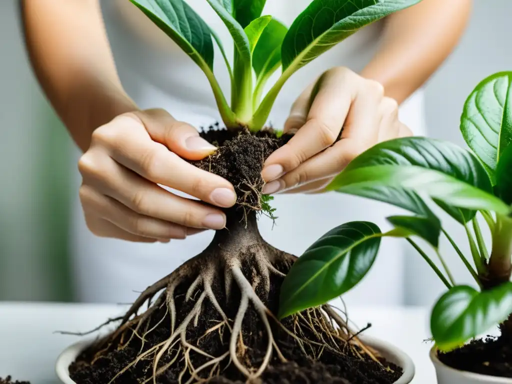 Manos podando con cuidado las raíces de una exuberante planta de interior