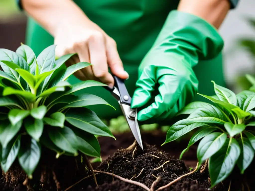 Manos podando con cuidado las raíces de una planta de interior