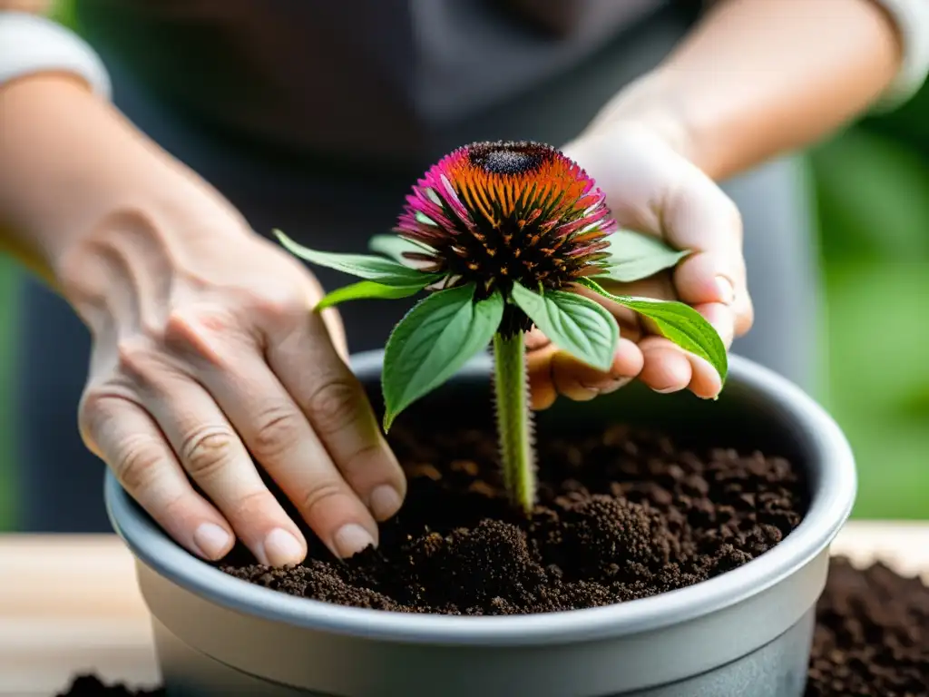 Unas manos plantan con cuidado semillas de Echinacea en una maceta con tierra oscura, mostrando el proceso de cultivo de Echinacea en interiores con tranquilidad y atención meticulosa