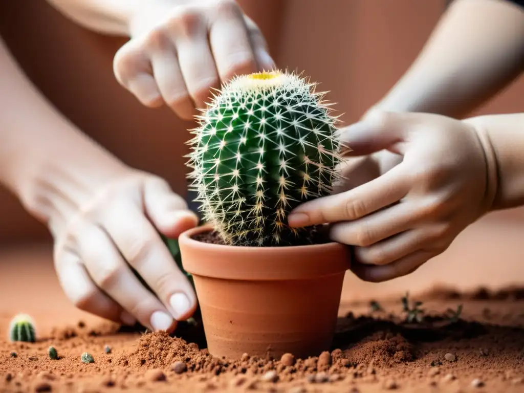 Manos cuidadosas trasplantando cactus espinosos a maceta de terracota