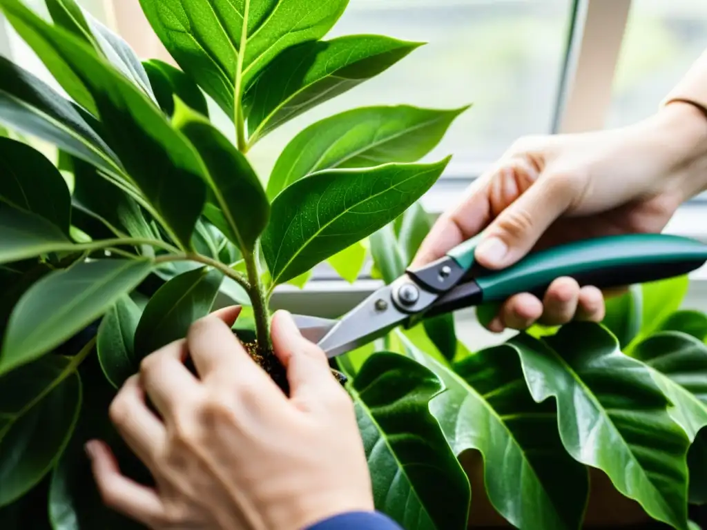 Manos cuidadosas realizando el diagnóstico y poda de plantas con precisión, en un ambiente lleno de luz natural y paz