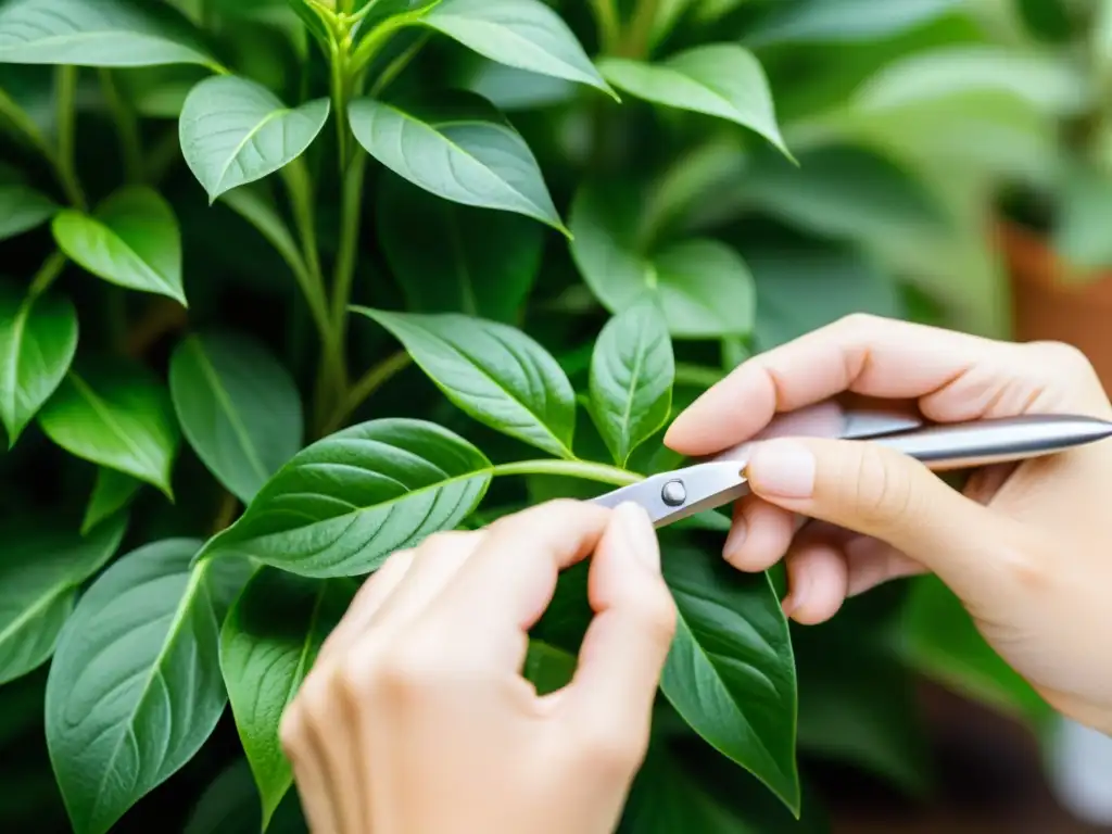 Manos cuidadosas realizan esquejado de planta de interior con precisión y delicadeza