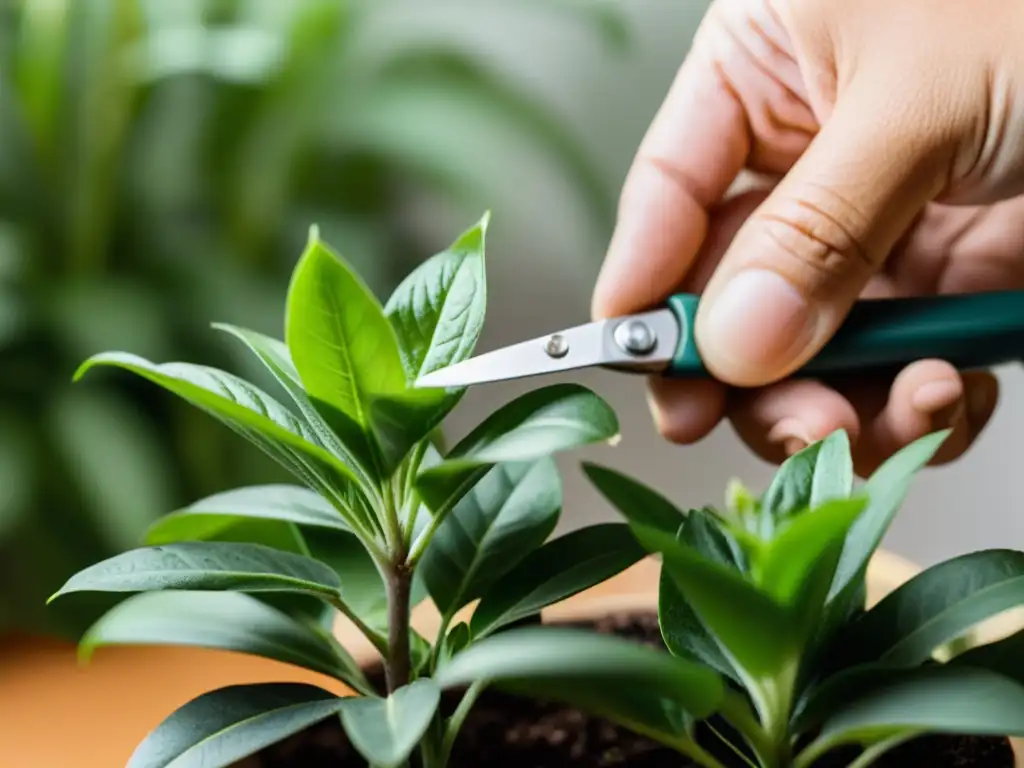 Manos cuidadosas realizando el esquejado de plantas de interior, con un fondo exuberante y luz suave