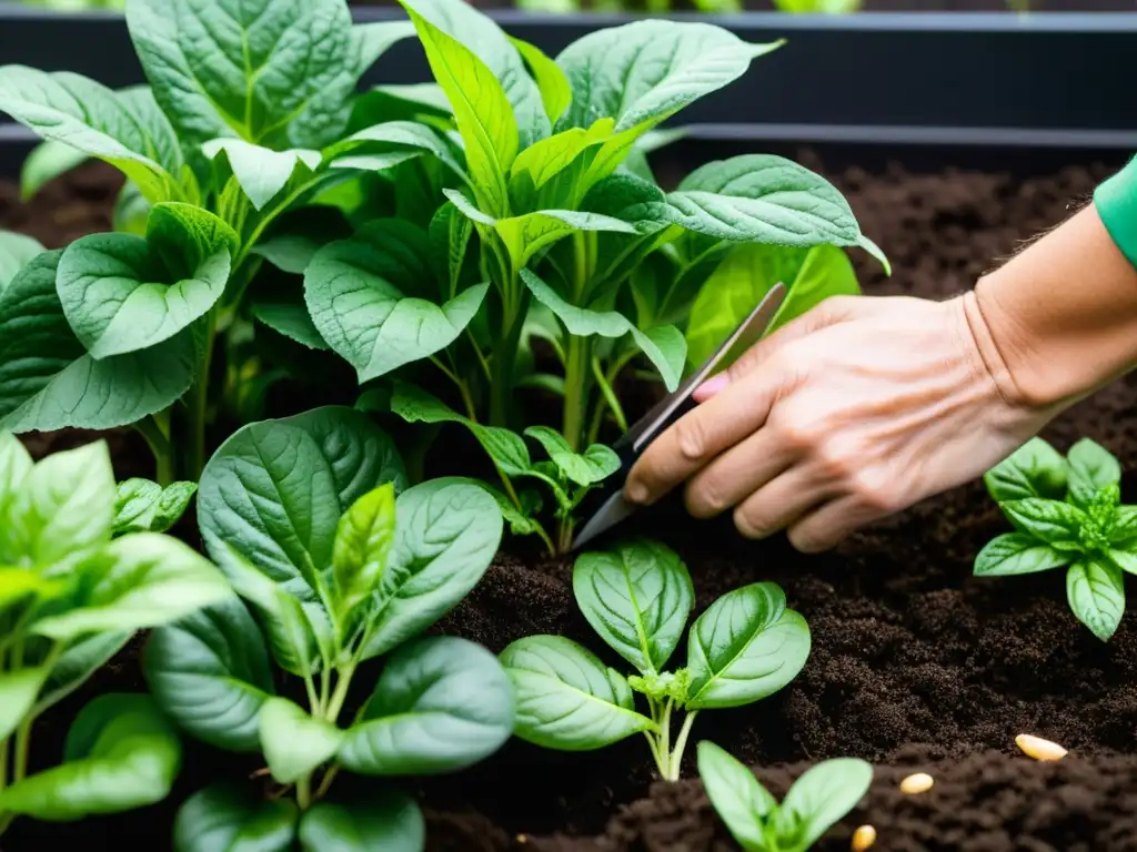 Manos cuidadosas podando y cuidando un exuberante jardín de vegetales interior todo año, mostrando el meticuloso cultivo vegetales interior todo año