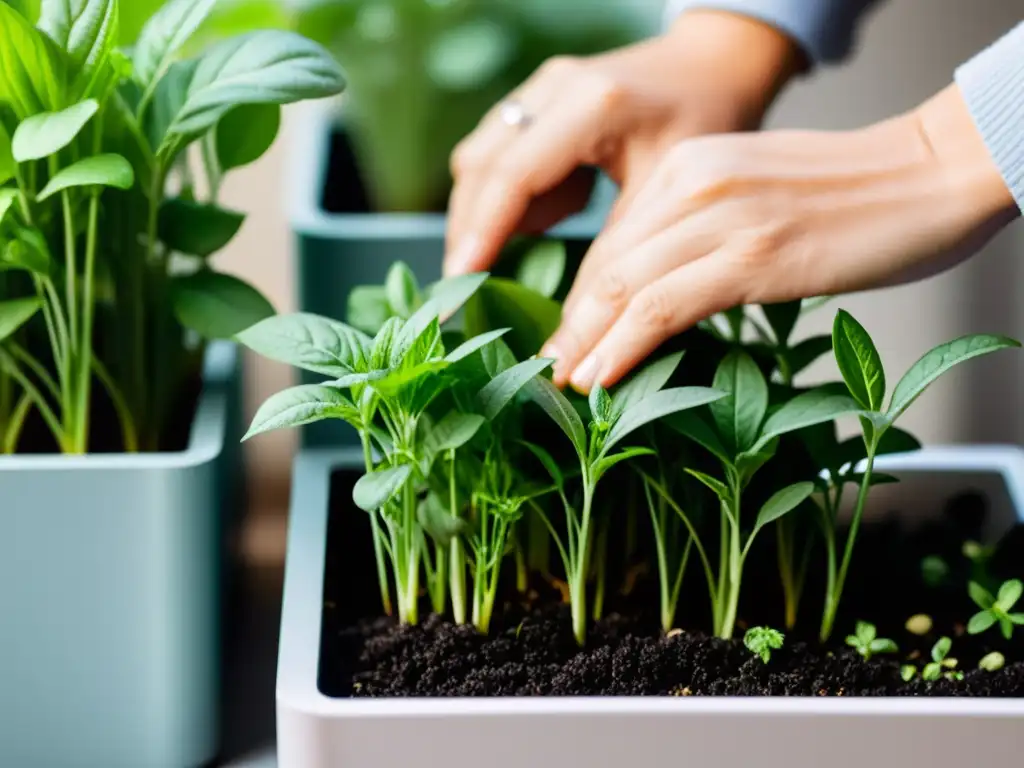 Manos cuidadosas cultivando té de hierbas en interiores, resaltando la belleza natural y el contraste visual