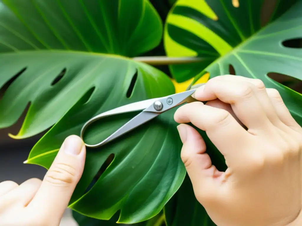 Manos cuidadosas podando hojas amarillentas de una exuberante planta monstera