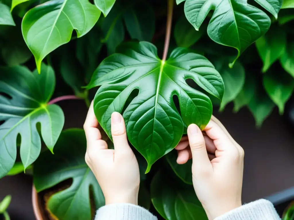 Manos cuidadosas limpiando las hojas brillantes de una planta de interior