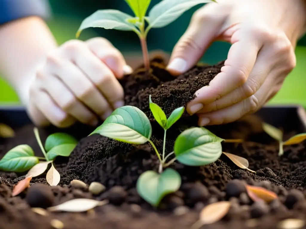 Manos cuidadosas reutilizan hojas caídas para propagar plantas, transmitiendo serenidad y belleza natural