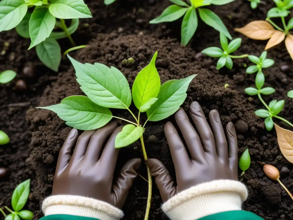 Manos cuidadosas reutilizan hojas caídas para propagar, creando un lecho de vida en la tierra húmeda