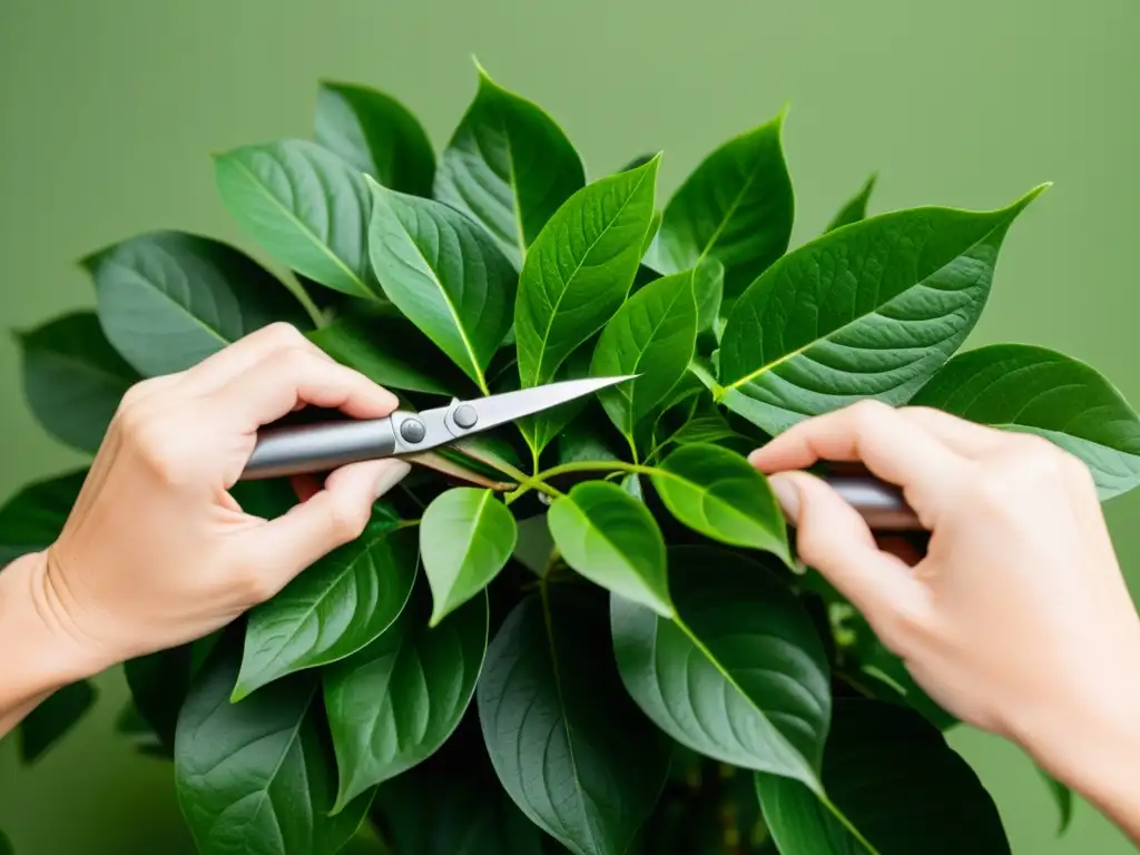 Unas manos cuidadosas podan con precisión las hojas de una exuberante planta de interior