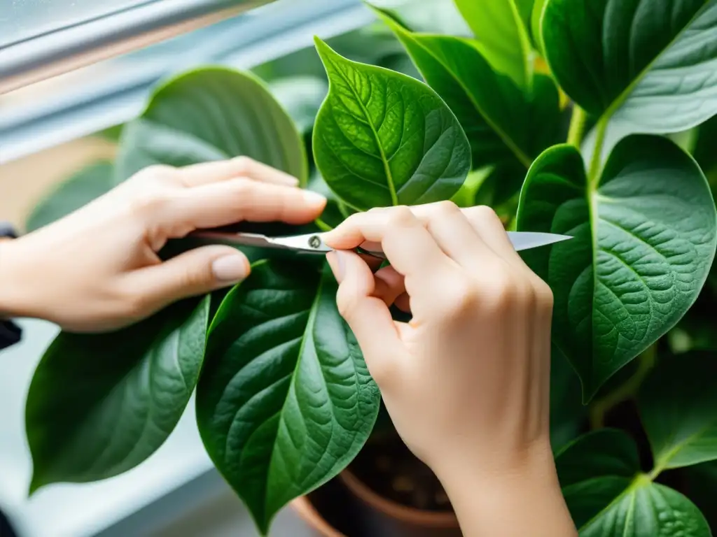 Unas manos cuidadosas podan con precisión las hojas de una exuberante planta de interior, resaltando la importancia de la poda en plantas de interior