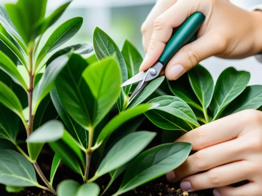 Manos cuidadosas podando hojas de planta de interior