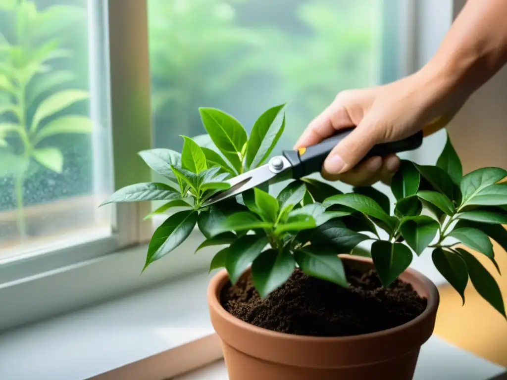 Manos cuidadosas podando hojas de planta de interior, con ambiente luminoso