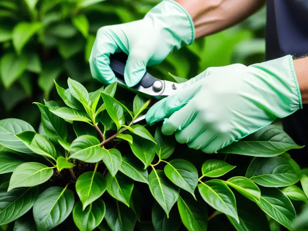 Manos cuidadosas podando hojas de planta de interior, expresando precisión y cariño