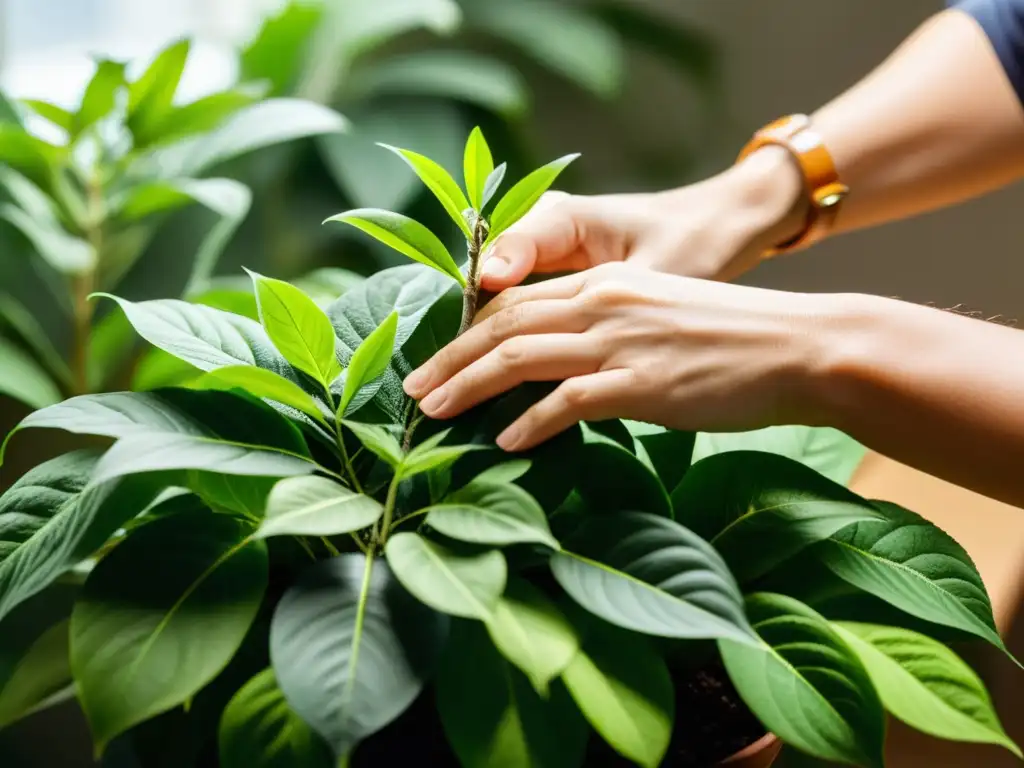 Manos cuidadosas podando hojas de planta interior, mostrando el mantenimiento jardín interior plantas con precisión y amor