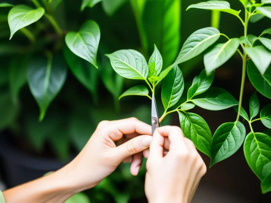 Manos cuidadosas podando hojas de planta de interior, creando un ambiente sereno y precisión al rejuvenecer plantas de interior mediante poda