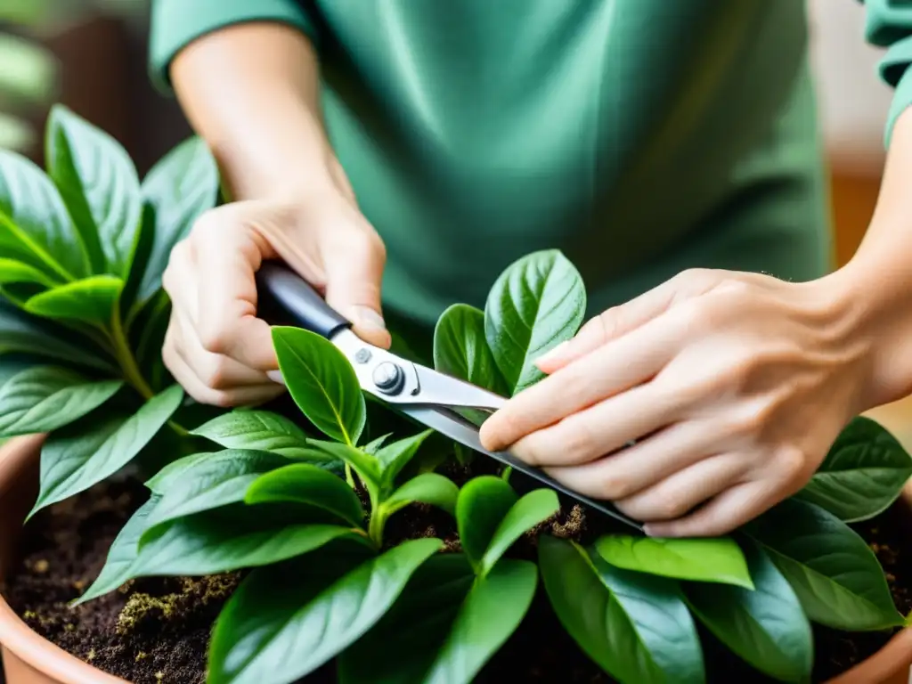 Manos cuidadosas podando hojas de planta de interior, prevención de plagas con meticulosidad y precisión