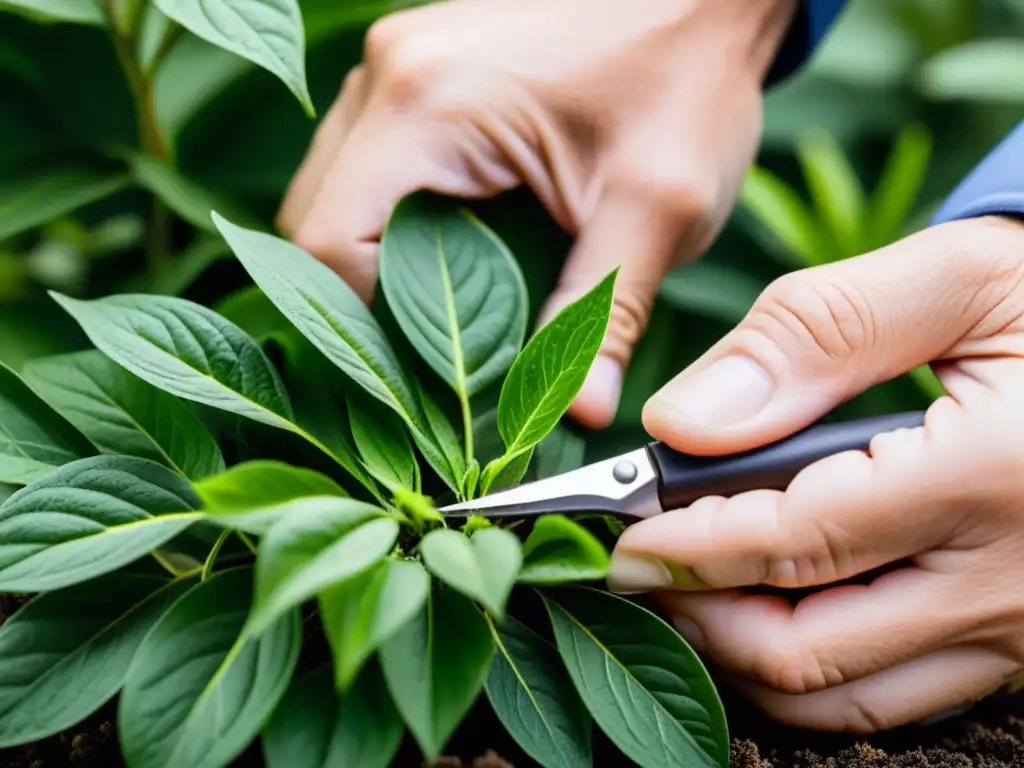 Manos cuidadosas podando hojas de planta de interior, prevención de plagas con meticulosidad y serenidad