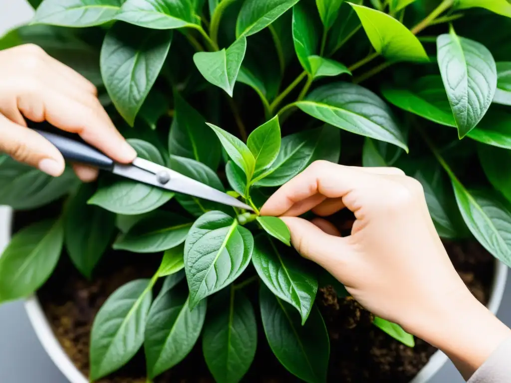 Manos cuidadosas podando hojas de planta de interior