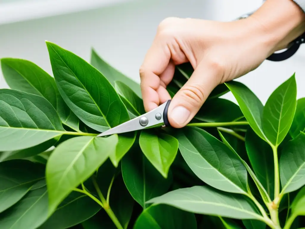 Manos cuidadosas podando hojas de planta de interior, guía visual para poda de plantas de interior