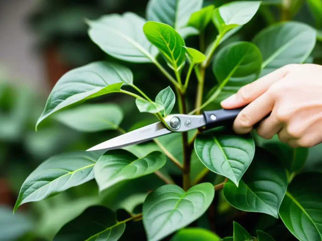 Manos cuidadosas podando hojas de planta, resaltando la importancia de la poda en plantas de interior