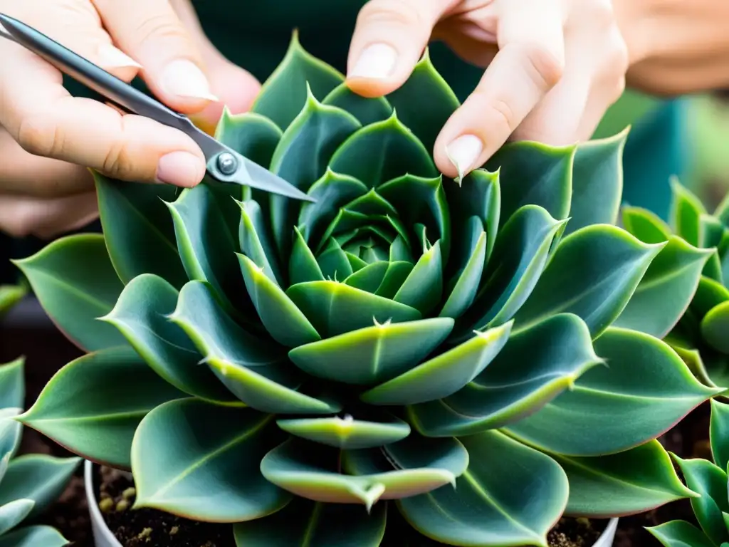 Manos cuidadosas podando hojas de suculenta planta interior con tijeras pequeñas, mostrando precisión y dedicación en el proceso de poda