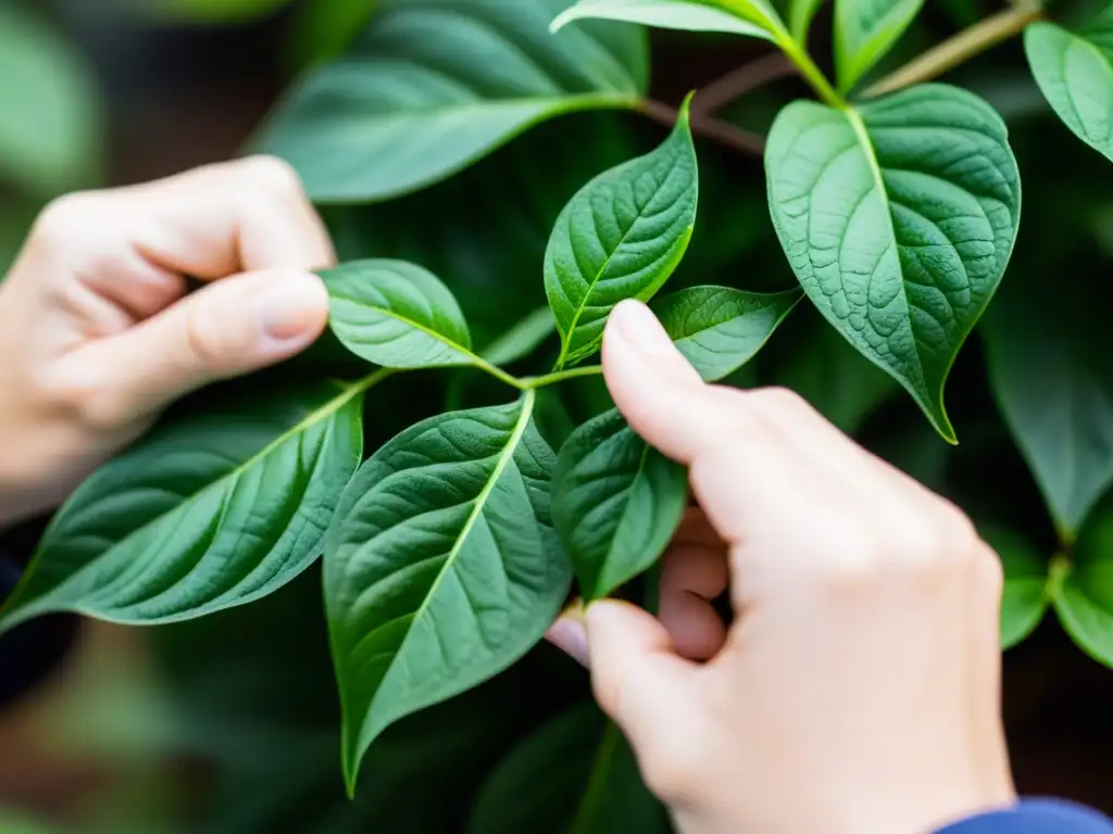 Manos cuidadosas podando hojas verdes de planta de interior