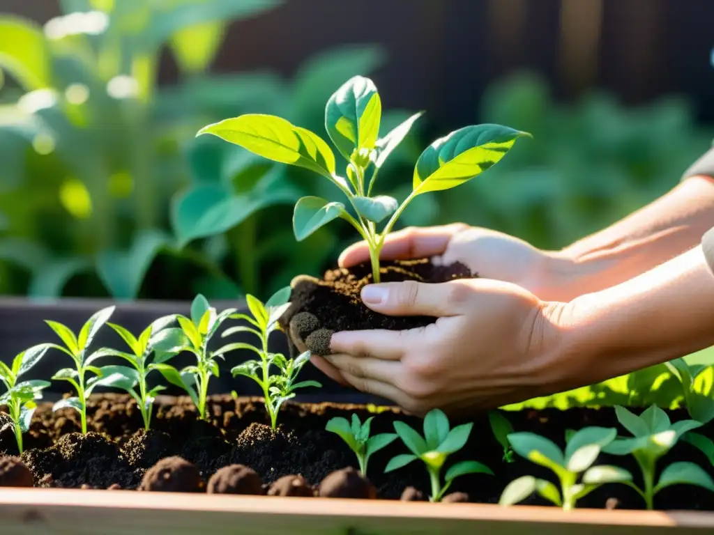 Manos cuidadosas cultivando hortalizas en casa, entre tierra fértil, brotes verdes y luz solar filtrada, creando una atmósfera serena y tranquila