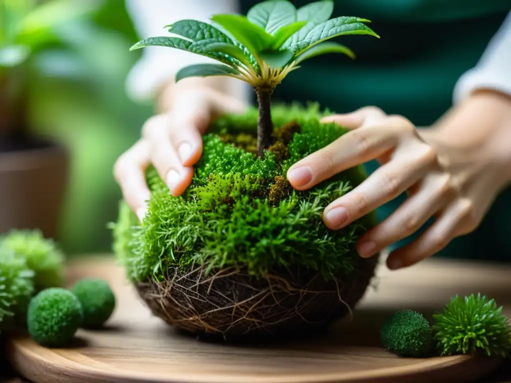 Manos cuidadosas crean un kokedama: decoración con esferas de musgo, envueltas en luz suave, transmitiendo serenidad y conexión con la naturaleza