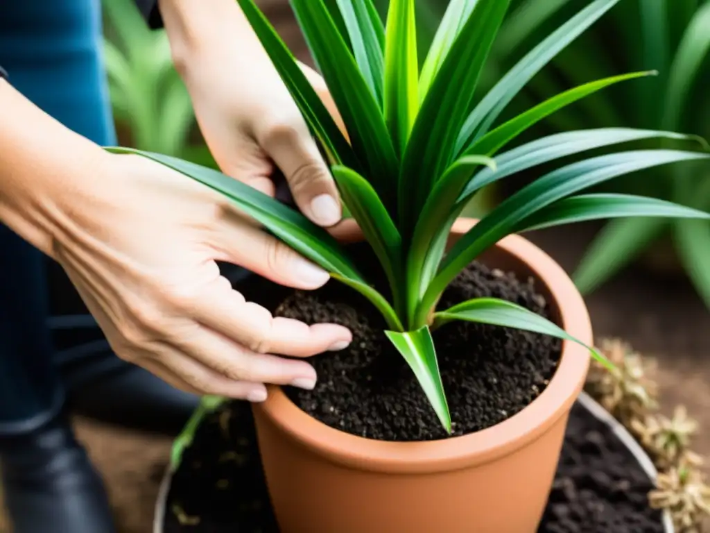 Manos cuidadosas trasplantan Dracaena Marginata en moderna maceta, mostrando amor y cuidado en el interior