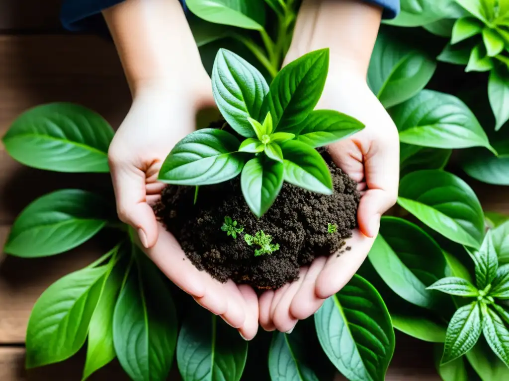 Manos cuidadosas aplicando nutrientes a planta de interior