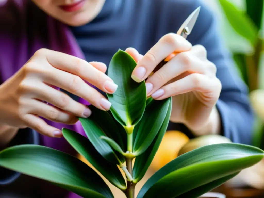 Manos cuidadosas podando una orquídea en flor