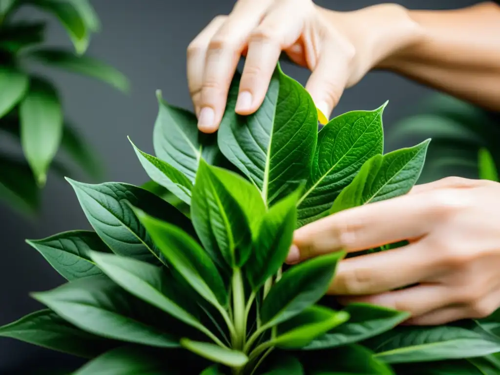 Manos cuidadosas cortando una planta de interior, evocando crecimiento y propagación de plantas de interior