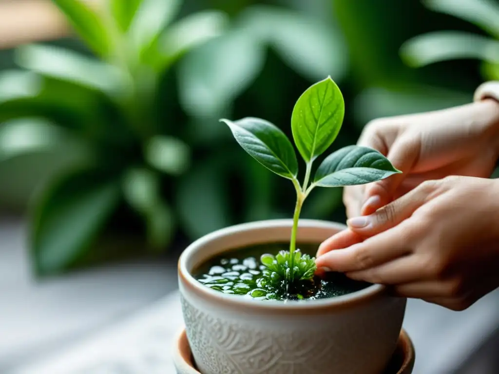 Manos cuidadosas sostienen planta interior, destacando la belleza y delicadeza de la jardinería en casa