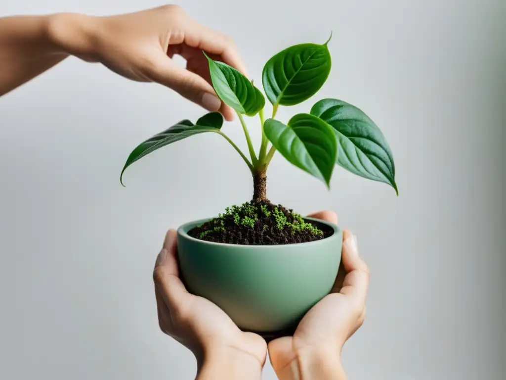 Manos cuidadosas trasplantan planta de interior en maceta moderna, creando un ambiente sereno y minimalista