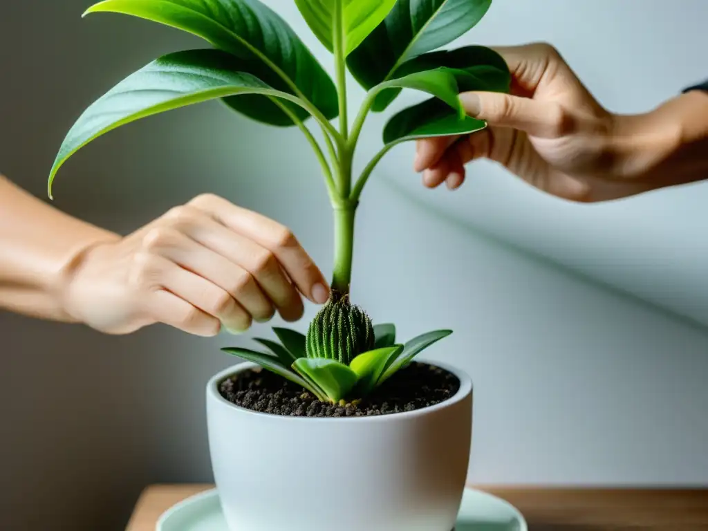 Manos cuidadosas trasplantando planta de interior en maceta blanca: cuidados post trasplante plantas interior