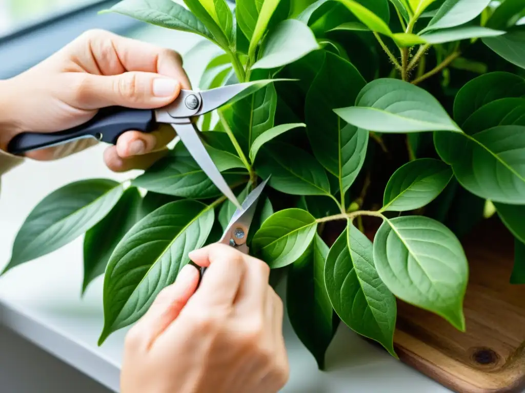 Manos cuidadosas podando una planta de interior, resaltando la importancia de la poda en plantas