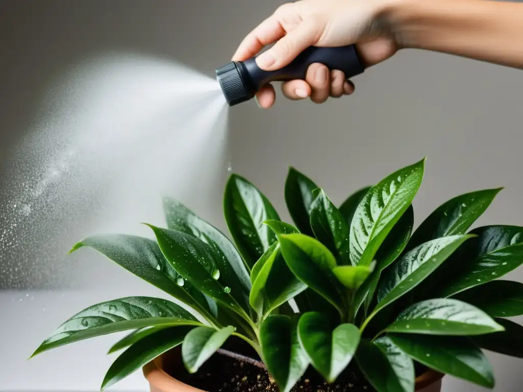 Manos rociando suavemente una planta de interior recién podada Manos cuidadosas rocían suavemente una planta de interior recién podada, mostrando consejos para cuidar plantas de interior postpoda