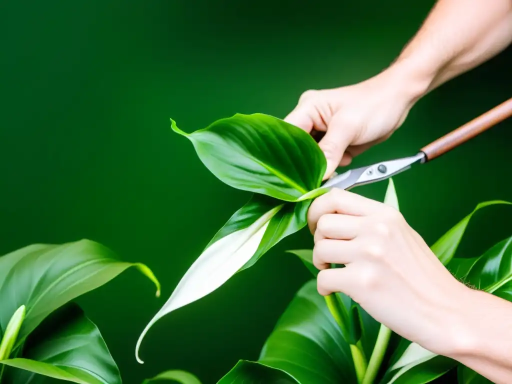 Manos cuidadosas podando una planta purificadora de aire, reflejando precisión y amor por las plantas