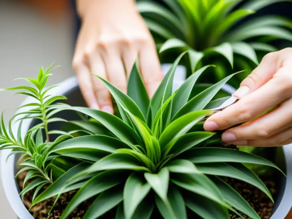 Manos cuidadosas podando plantas de aire en interiores con precisión y calma