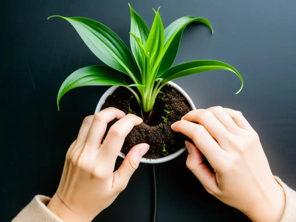 Manos cuidadosas separando plantas araña en macetas, técnicas de propagación de plantas de interior