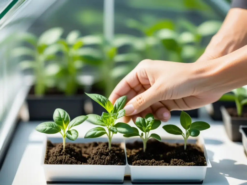 Manos cuidadosas ajustan plantas en invernadero casero para plantas, con luz suave y atmósfera serena