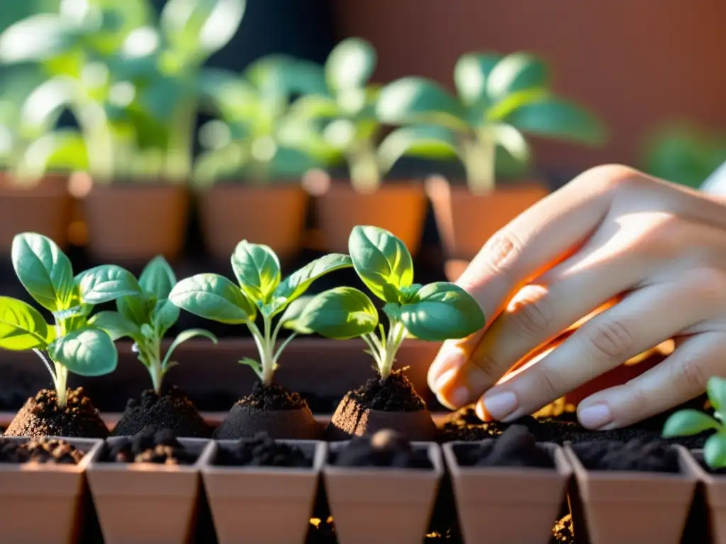 Manos cuidadosas plantando plántulas de albahaca en macetas de terracota, creando un jardín de hierbas aromáticas en un balcón urbano