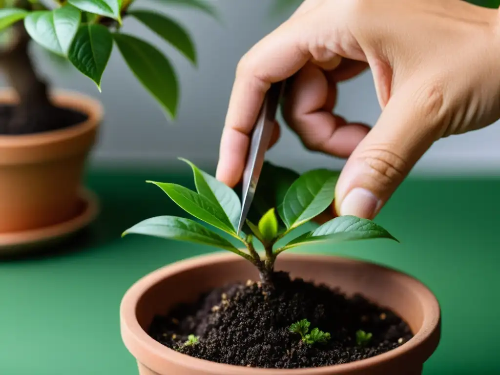 Manos cuidadosas realizan una poda decorativa para plantas de interior, dando forma a un elegante bonsái con precisión y delicadeza