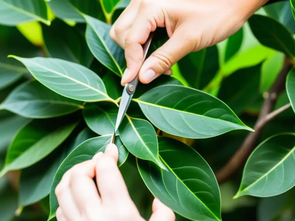 Manos cuidadosas realizando la poda de un ficus para cuidado, destacando la meticulosidad de la tarea